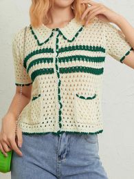 Women's T Shirts Women S Short Sleeve Turn-Down Collar Open Button Cardigan Striped Hollow-Out Knitwear Top