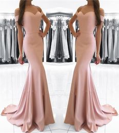 2022 Mermaid Blush Pink Off The Shoulder Formal Evening Dress Simple Elegant Satin Long Party Laceup Back Under 100 Bridesmaid Dr3664103