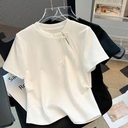 Women's T Shirts Women Button Down O Neck Short Sleeve Summer Cotton Chinese Style Fashion All-match Oversized Clothing Black White
