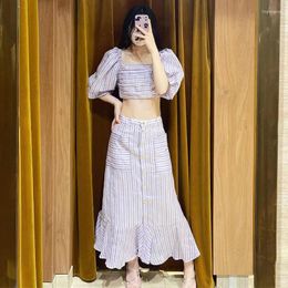 Work Dresses Women Backless Sqaure Collar Puff Sleeve Short Type Blouse Or Single Breasted Ruffles High Waist Midi Skirt Lady Stripes Suit