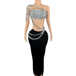 Stage Wear Sparkly Diamonds Tube Top Long Skirt Two Pieces Set For Women Sexy Celebrate Evening Prom Birthday Po Shoot Dress