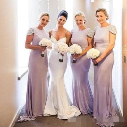 Lilac Capped Sleeves Bridesmaid Dress 2024 New Elegant Mermaid Sweep Train Chiffon Jewel Neck Beaded Waist Custom Made Maid of Honor Gown