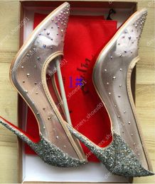 designer shoes See Through Silver Bling Fashion Red Bottoms High Heel Pumps Summer Rhinestones Party Wedding Stiletto Thin Heels Net Crystals Pointed Toe Box and Bag