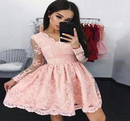 Blush Pink Sheer Long Sleeves Lace Homecoming Dresses 2018 V Neck Mini Short Club Prom Cocktail Dresses SP039676753115253002