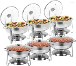 Kitchen Storage 6 Packs Round Chafing Dish Buffet Set 4 QT Stainless Steel Dishes With Glass Lid & Holder Catering Food Warmers