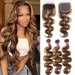 5x5 Closure With Bundles Honey Blonde Body Wave Ombre Coloured Highlight Human Hair 240402