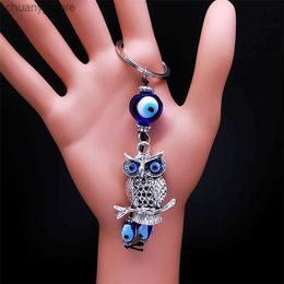 Keychains Lanyards Owl Turkish Blue Eye Keychain for Woman/Men Silver Color Alloy Lucky Protection Key Ring Jewelry porte cl pour femme KXH524S01 Y240417