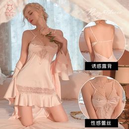 Bras Sets Spring Sexy Sleepwear Women's Lace Spliced Satin Pure Desire Style Off The Back Suspender Home Set