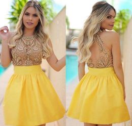New Yellow Major Beading Sweet 16 Homecoming Dresses Beaded Crystals See Through Back Short Prom Dresses Mini Cocktail Dresses5024938