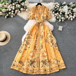 2024 New Palace Style Dresses with a High Grade Retro Small and Popular Print Single breasted Slim Fit Long Style and Elegant Dress