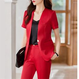 Women's Two Piece Pants Summer 2024 In Women Pant Set Red Fashion Thin Short Sleeve Slim Blazer And Suit Office Ladies Work Wear 2 Pieces