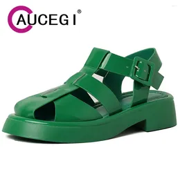 Dress Shoes Aucegi Trend Summer Women Retro Round Toe Gladiator Sandals Casual Patent Leather Roman Buckle Daily Life Handmade