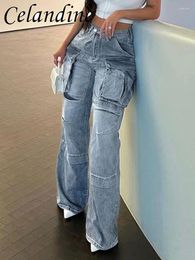 Women's Jeans Celandine Casual Straight Cargo Pants Vintage Women Grunge Low Waist Pockets Stitch Denim Trouser Fashion Retro Streetwear