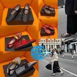 2024 With Box Designer Sandal ballet slipper slider flat dressing shoes dancing Women round toe Rhinestone Boat shoes leather riveted shoes size 35-40 GAI