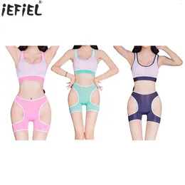 Bras Sets IEFiEL 2Pcs Women Sexy Exotic Lingerie Outfit Set High Elastic Tight Crop Tank Top And Hollow Out Shorts Sport Underwear