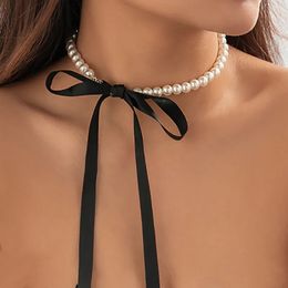 Trend Wedding Party Jewellery Long Black Ribbon Choker Necklace For Women Elegant White Imitation Pearl Beach Vacation Necklaces 240403