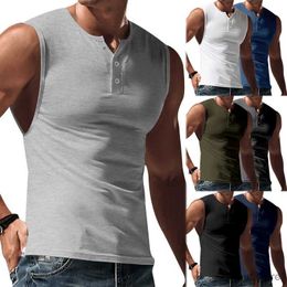 Men's T-Shirts European and American mens sleeveless T-shirt cotton shoulder sports vest casual Henry shirt sports shirt