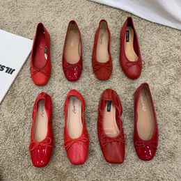 Casual Shoes Retro Ultra-soft Women Shoe Spring Bow Red Flat Sole Single Leisure Comfortable Leather Ballet Zapatos Mujer