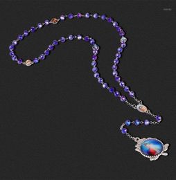 Pendant Necklaces Rose Christ Jesus Catholic Paternosters Rosary Necklace Long Blue Glass Prayer Beads Chain Religious Communion J4741904