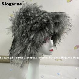 Y2K Fluffy Faux Fur Bucket Hat Women Raccoon Fur Warm Thick Plush Winter Hat Lady Luxury Fashion Party Panama Fisherman Cap 240412