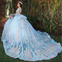 Princess Ball Gown Lace Quinceanera Dresses Sky Blue 15 Sweet 16 Puffy 3D Floral Plus Size Prom Party Gowns Vestidos De