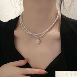 Pendant Necklaces Elegant Retro French Double Layered Pearl Necklace For Womens Collarbone Chain Minimalist And Niche Design Neck Orna Otmsp