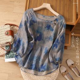 Women's Blouses YCMYUNYAN-Women's Chinese Style Summer Shirt Cotton Linen Vintage Loose Prints Clothing Short Sleeve O-Neck Women To