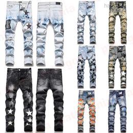 European America Style Jean Hombre Letter Star Embroidery Patchwork Ripped for Motorcycle Pant Skinny