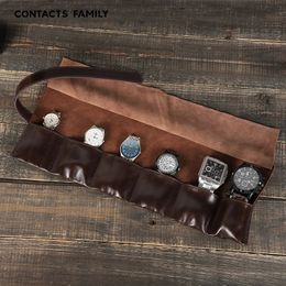 Leather Watch Box Organizer for Men Travel Storage Bag Luxury Retro Oil Wax Skin Roll Up Package Case for Watch Portable Display 240412