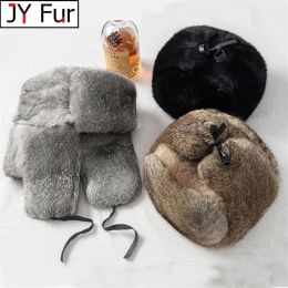 Hats Trapper Hats Rabbit Fur Cap Man Winter Genuine 100% Bomber Hat Windproof Warm Earmuffs Male Flat GreyBlack Russian Fitted Casquett