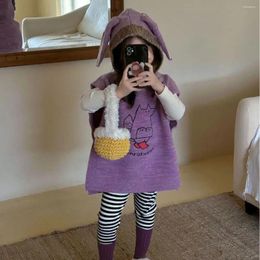 Clothing Sets Three Pieces Autumn Baby Girls Clothes Purple Knitted Animal Print Sleeveless Vests Beige Undershirts Striped Pants Trousers