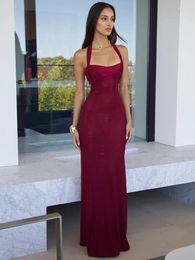 Casual Dresses Halter Patchwork Elegant Backless Sexy Maxi Dress For Women Fashion Lace-up Sleeveless Bodycon Club Party Evening Long