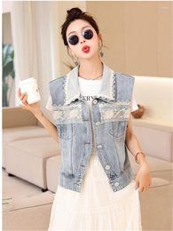 Women's Vests Spring Summer Embroidery Splice Denim Vest Women Fashon Korean Cowboy Waistcoat Ladies Casual Harajuku Sleeveless Tops 2024