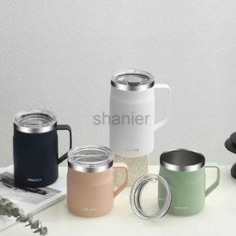 Mugs 304 Stainless Steel Coffee Cup Mug With Lid Thermal Insulated Water Cups Coffee Tumbler With Handle Heat-resistant Drinkware 240417