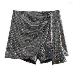 Women's Shorts Women Skirt Shiny Sequin Solid Colour Irregular High Waist A-line Mini Skirts Party Performance Beach Culottes