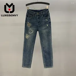 Women's Jeans LUXE&ENVY Butterfly Drilled Perforated Straight Tube Slim Fit Ancient Pipe 2024 Autumn