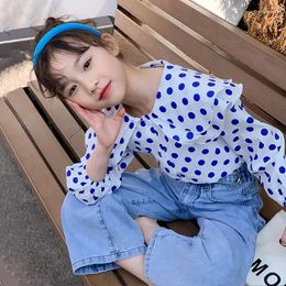 Clothing Sets Spring Autumn School Girl 2PCS Clothes Set Children Lapel Dot Long Sleeve Shirt Straight Jeans From 4-12 Years Old