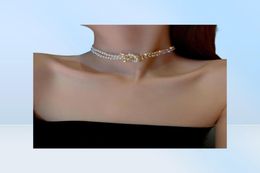 Korean Simple Personality Necklace Diamond Pearl Splicing Short Neck Chain Temperament Fashion Design Jewellery For Woman Chains55746401700