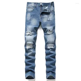Men's Jeans Light Colour Ripped Denim Men Hole Ruined Tide Brand Pants High Street Daily Large Size