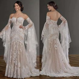 Backless Mermaid Wedding Dress Sexy Bohemian With Detachable Bell Long Sleeves Lace Appliques Sweetheart Neck Bridal Gowns Champagne Lining Beach Bride Dresses es