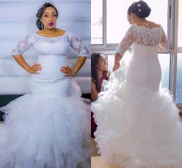 2024 Custom Made Plus Size Mermaid Wedding Dresses with 3/4 Long Sleeves Lace Applique Tiered Skirt Sweep Train Garden Wedding Bridal Gown