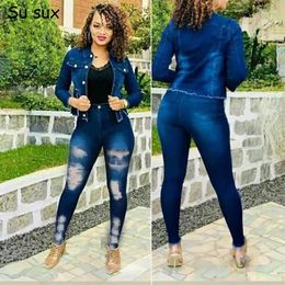 Women's Two Piece Pants Denim Hole Slim Pencil Pant Sets Tracksuit Women Jeans 2 Set Casual Turn Down Collar Long Sleeve Jacket Coat Outfits