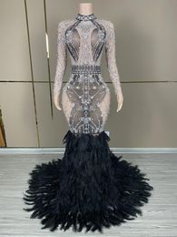 Stage Wear Halloween Performance Outfit Long Train Feather Dress Female Singer Party Show Shining Rhinestone Costume