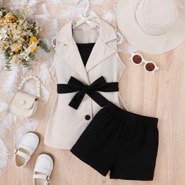 Clothing Sets Kids Girls 4PCS Outfit Solid Colour Camisole Tops And Elastic Shorts Belted Vest Coat Sun Hat Summer Set