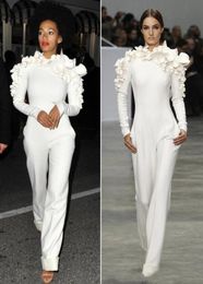 2019 New Arrival Celebrity Dresses White Leg Jumpsuit Long Sleeves High Neck with Flowers Formal Party Evening Dresses Custom Made7991081