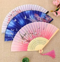 Mix Color Chinese Style Silk Hand Fans Weddings Printed Flower Butterfly Wooden Handle Wedding Dancing Props With Tassels Fy5912 0423