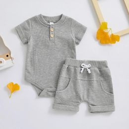 Clothing Sets Soft Waffle Baby Boys Summer Set Kids Shorts Outfits Short Sleeve Button Up Romper Casual Two Pieces Suits