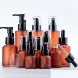 Packing Bottles Wholesale 15Ml 30Ml 60Ml 100Ml Amber Glass Bottle Protable Lotion Spray Pump Container Empty Refillable Travel Cosmeti Dhbui