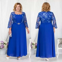 Mother Plus Of The Bride Size Dresses Royal Blue A-Line Chiffon Long Sleeves Wedding Guest Dress Lace Applique Square Neck High Waist Formal Party Evening Gowns