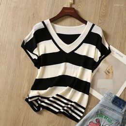 Women's T Shirts Women Clothing Summer Striped T-shirt Versatile Patchwork Soft Short Sleeve Female V-neck Loose Casual Knitted Top Z53